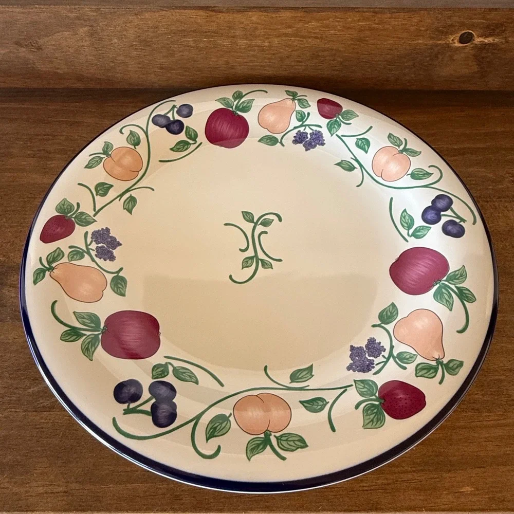 Princess House Orchard Medley Dinner Plate Fruit Pattern Blue Trim Ceramic